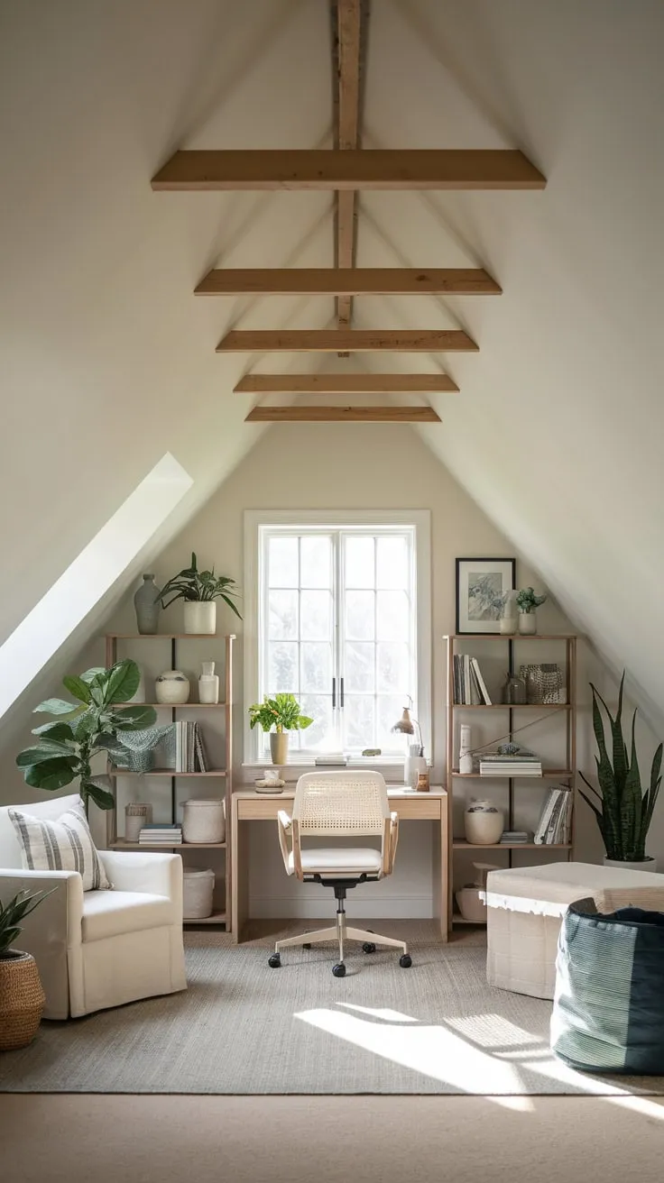 Step into your attic office, a haven where a calming neutral palette meets meticulous organization, transforming the space into an inspiring sanctuary primed for both focused work and boundless imagination.