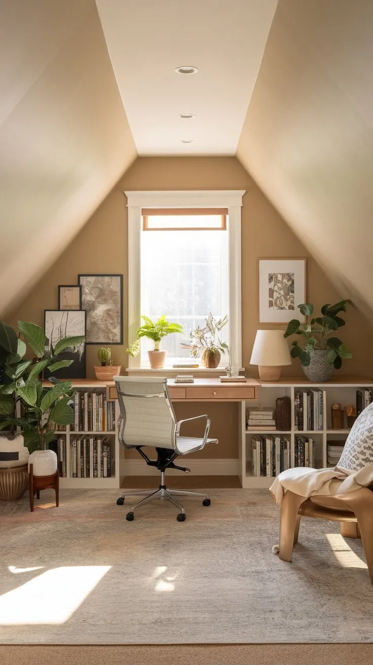 Ascend the stairs and discover your sanctuary: an attic office where the gentle slope of the roof and the soft textures conspire to create a haven, a place where ideas blossom and focus sharpens with effortless ease.
