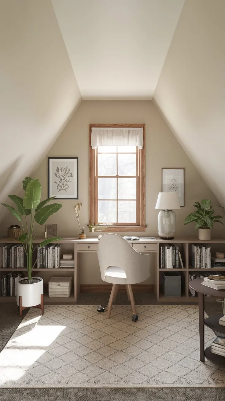 This beautifully designed attic office exudes warmth and tranquility, making it the perfect retreat for productivity and creativity.