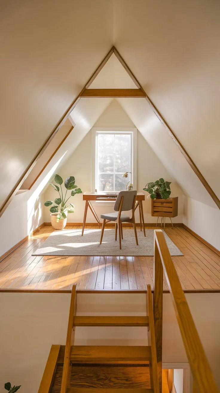 Ascend the stairs and discover your attic office, a haven where rustic beams meet modern design, a space that wraps you in warmth while sparking a surge of inspiration, turning mundane tasks into moments of genuine creation.