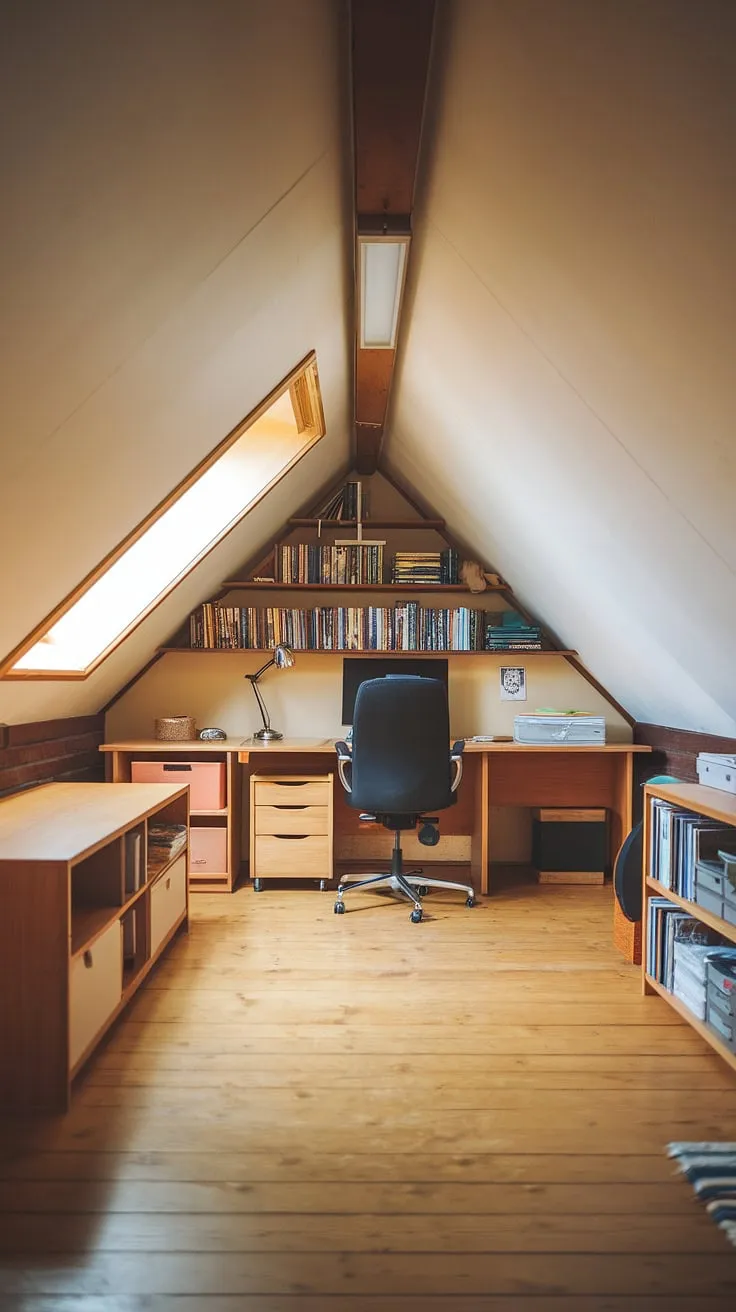 Escape to your own private sanctuary in this inviting attic office.  The sloped ceilings and warm lighting create a unique and inspiring atmosphere in this cleverly designed attic space.  This attic room, a stunning example of attic design, seamlessly blends functionality and comfort.