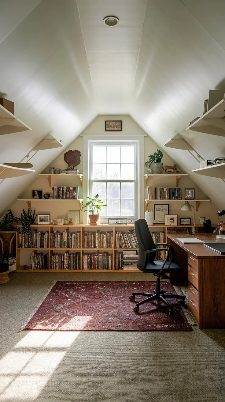 Sunlight streams into this charming attic office, a testament to clever attic conversion and inspiring attic design.  The cozy attic space, complete with built-in shelving and a comfortable workspace, proves that even an attic room can be transformed into a productive and stylish haven.