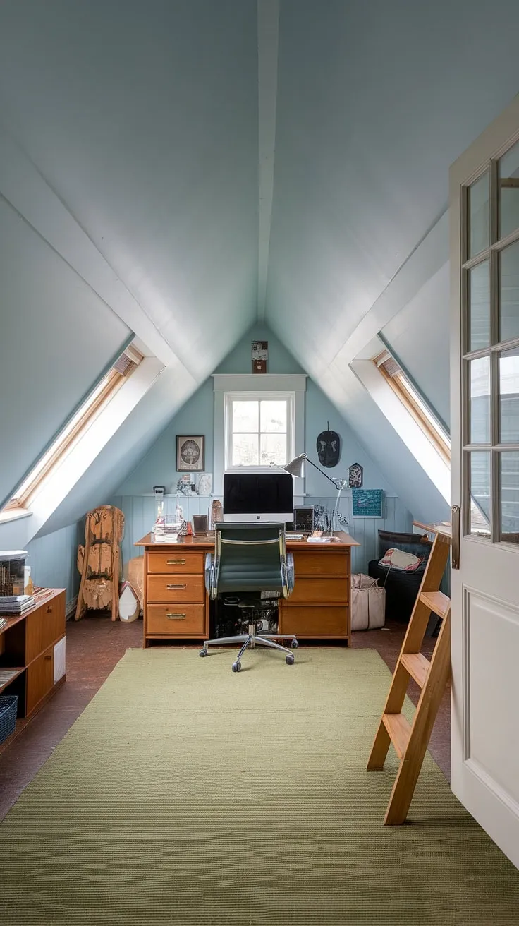 Escape the ordinary and discover the magic of this attic office.  Clever attic design transforms this attic space into a functional and inspiring workspace, complete with a comfortable chair and plenty of natural light streaming through the attic room's windows.