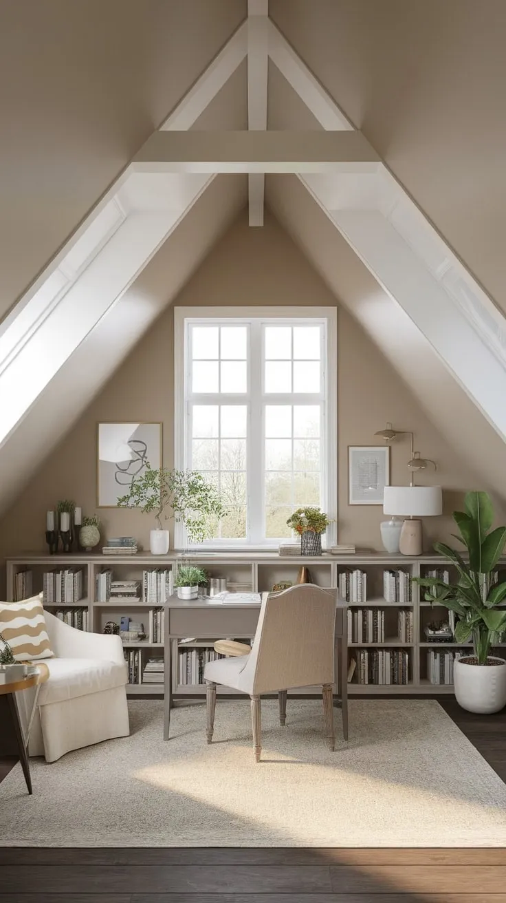 Step into your attic sanctuary, where a symphony of soft neutrals and artful touches transforms the space into a wellspring of ideas. The design whispers encouragement, beckoning you to lose yourself in creative pursuits and conquer your to-do list with renewed focus.