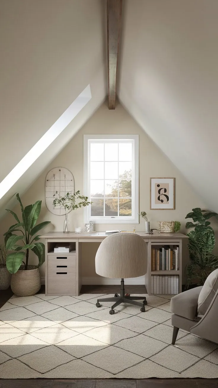 This beautifully designed attic office perfectly blends functionality and comfort, creating an inspiring workspace that invites creativity and focus.