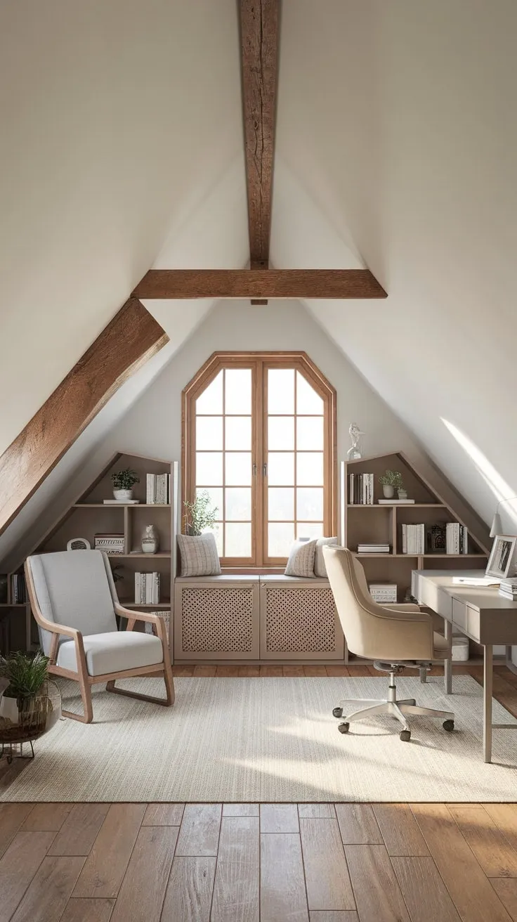 This beautifully designed attic office perfectly blends rustic charm with modern functionality, creating an inspiring workspace that invites creativity and focus.