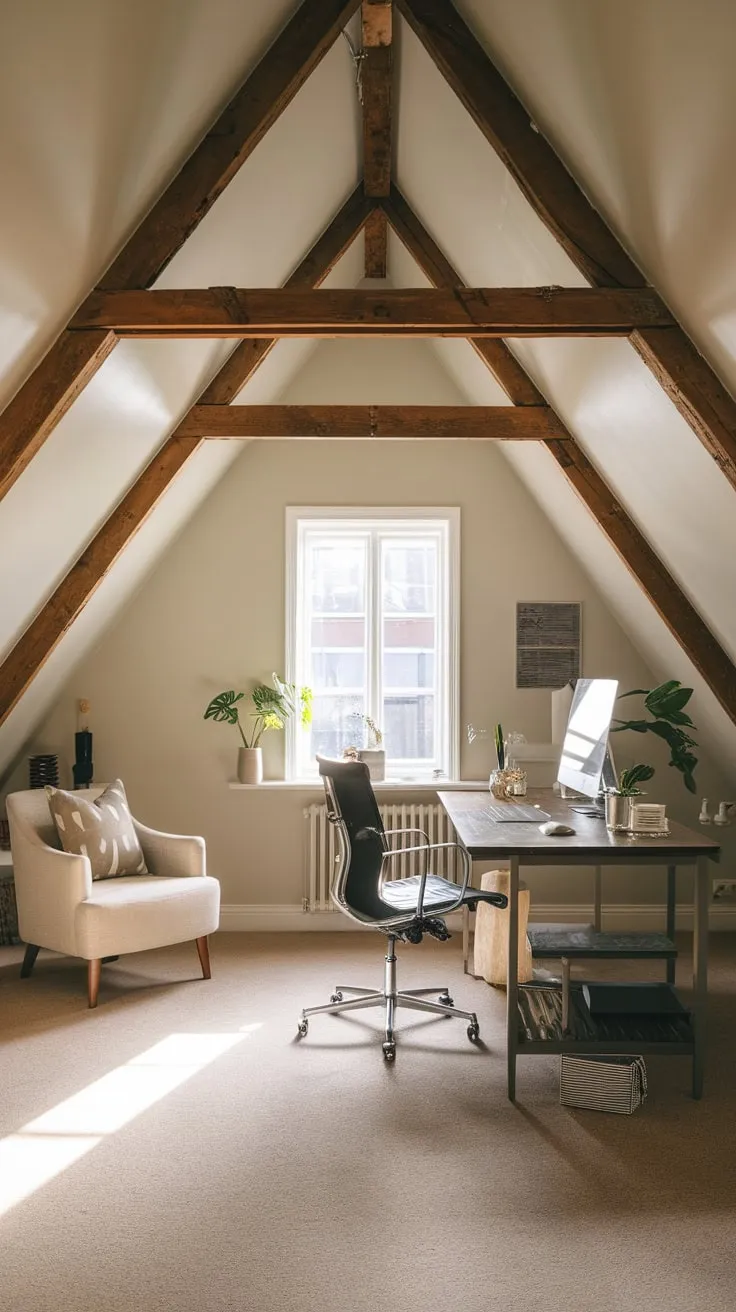 Step into your attic office, a haven where the warmth of reclaimed wood dances with the cool efficiency of modern design, beckoning you to lose yourself in creative flow and conquer your to-do list with effortless grace.