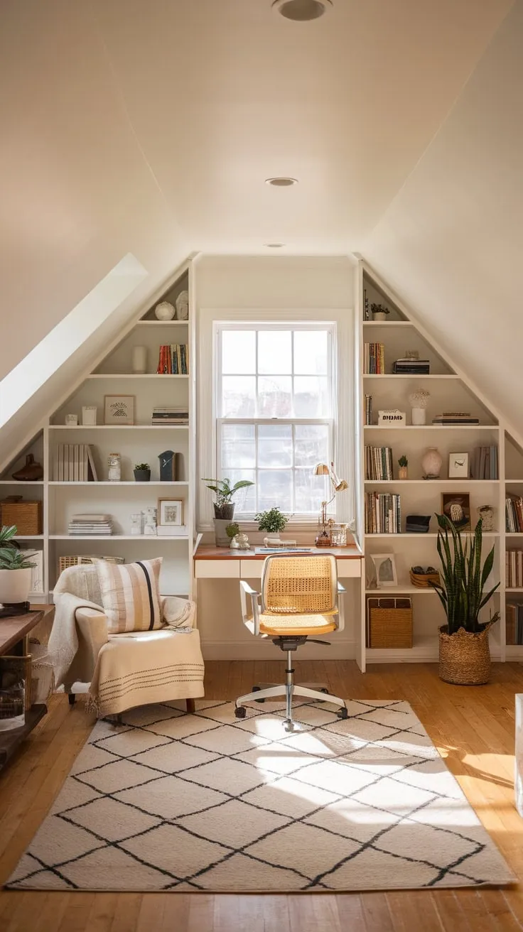 Sunlight streams through the dormer windows of your attic office, illuminating meticulously arranged shelves and a cozy workspace that practically begs you to unleash your imagination and conquer your to-do list.