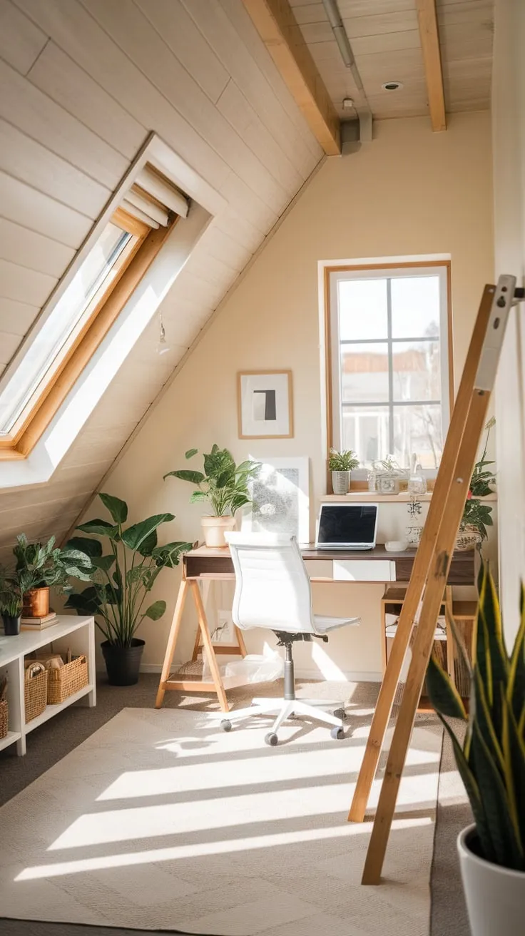 Ascend the stairs and discover your haven: an attic office where the warmth of wood embraces you, the vibrant green of flourishing plants invigorates your senses, and the hum of creativity replaces the clamor of the world below.
