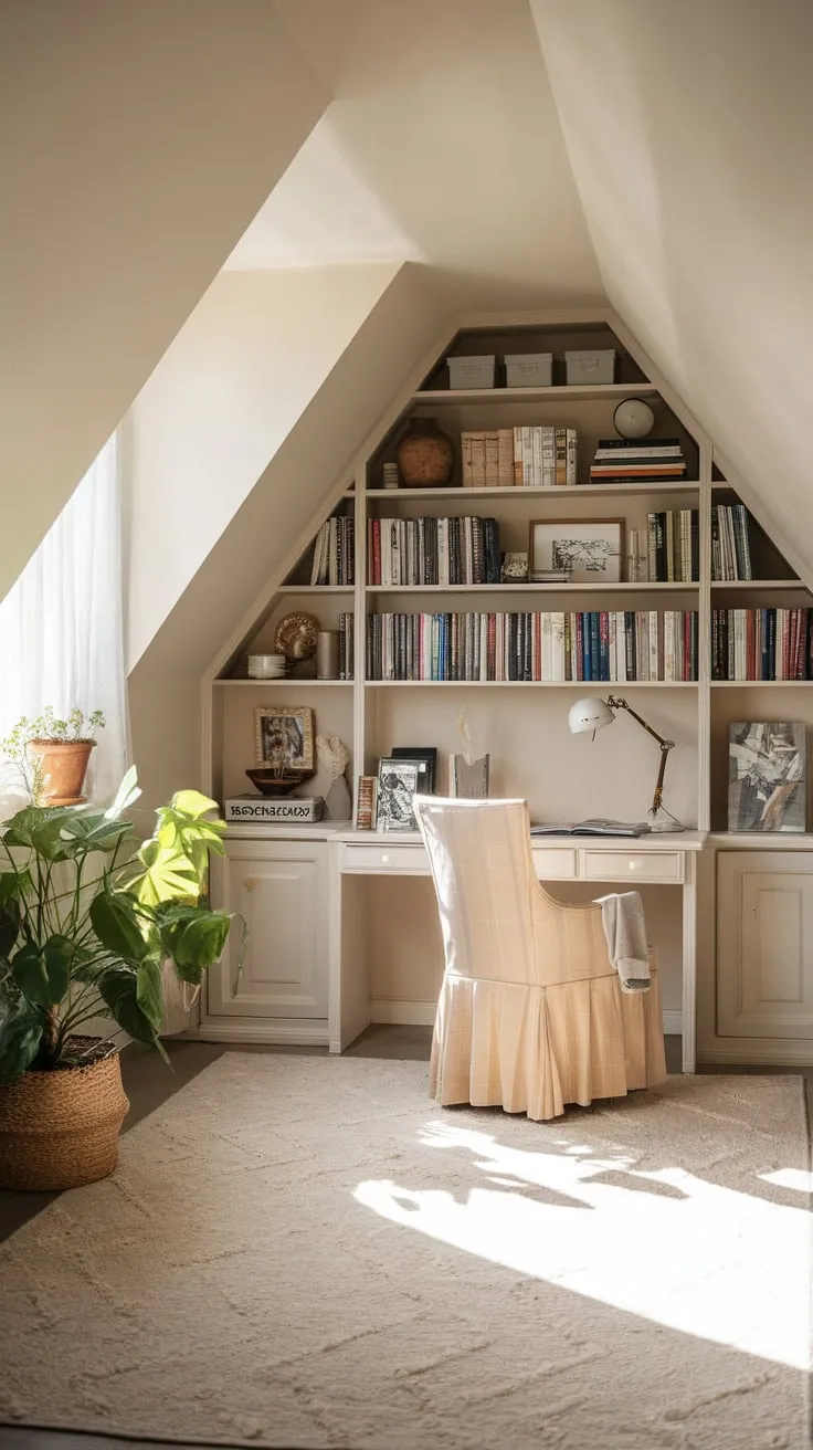 Step into your attic office, a haven where creativity sparks and focus sharpens. The warmth embraces you, the functionality empowers you, all bathed in a serene, neutral palette that calms and inspires.