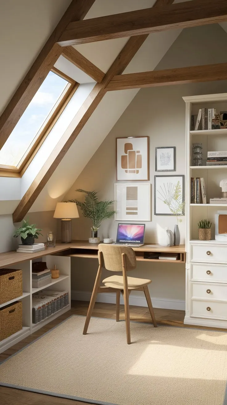 Sunlight streams through the dormer windows of your attic office, where exposed beams whisper tales of the past while sleek, minimalist furniture fuels your most innovative ideas. Here, rustic charm dances with modern functionality, crafting an inspiring haven where productivity and creativity flourish.