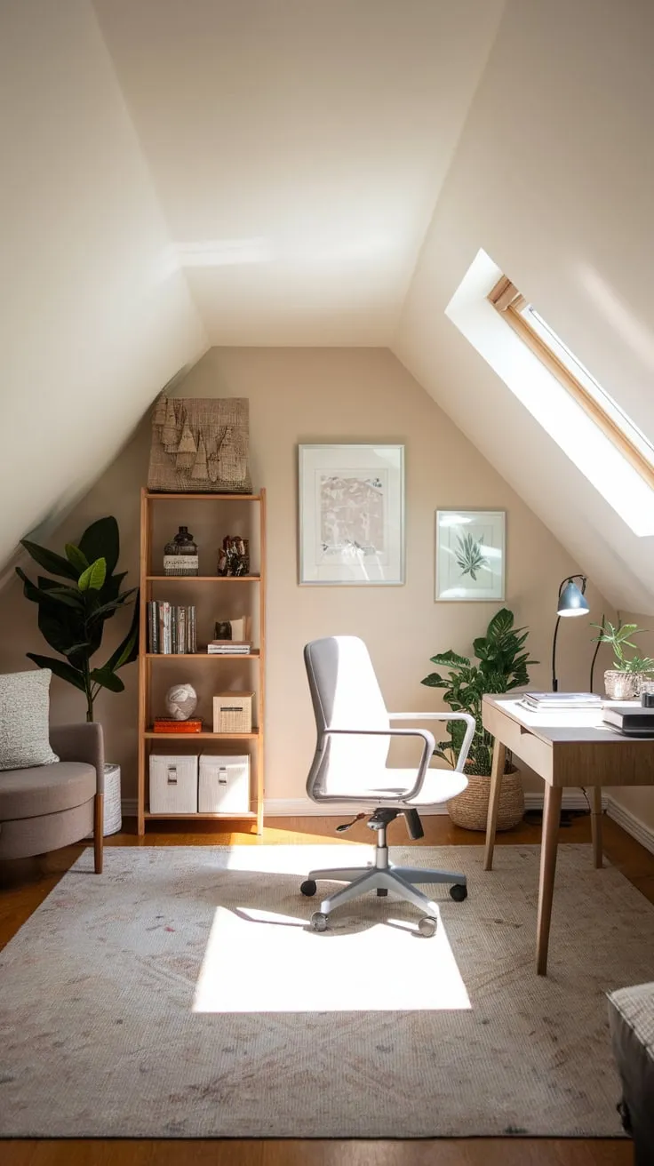This beautifully arranged attic office invites creativity and focus, blending warmth and organization in a serene, neutral-toned space.