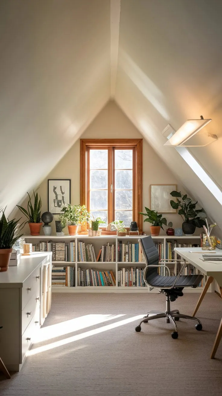 Sunlight streams through the dormer windows of your attic office, where cozy nooks meet clever storage, transforming the once-forgotten space into a haven that sparks both your imagination and your ambition.