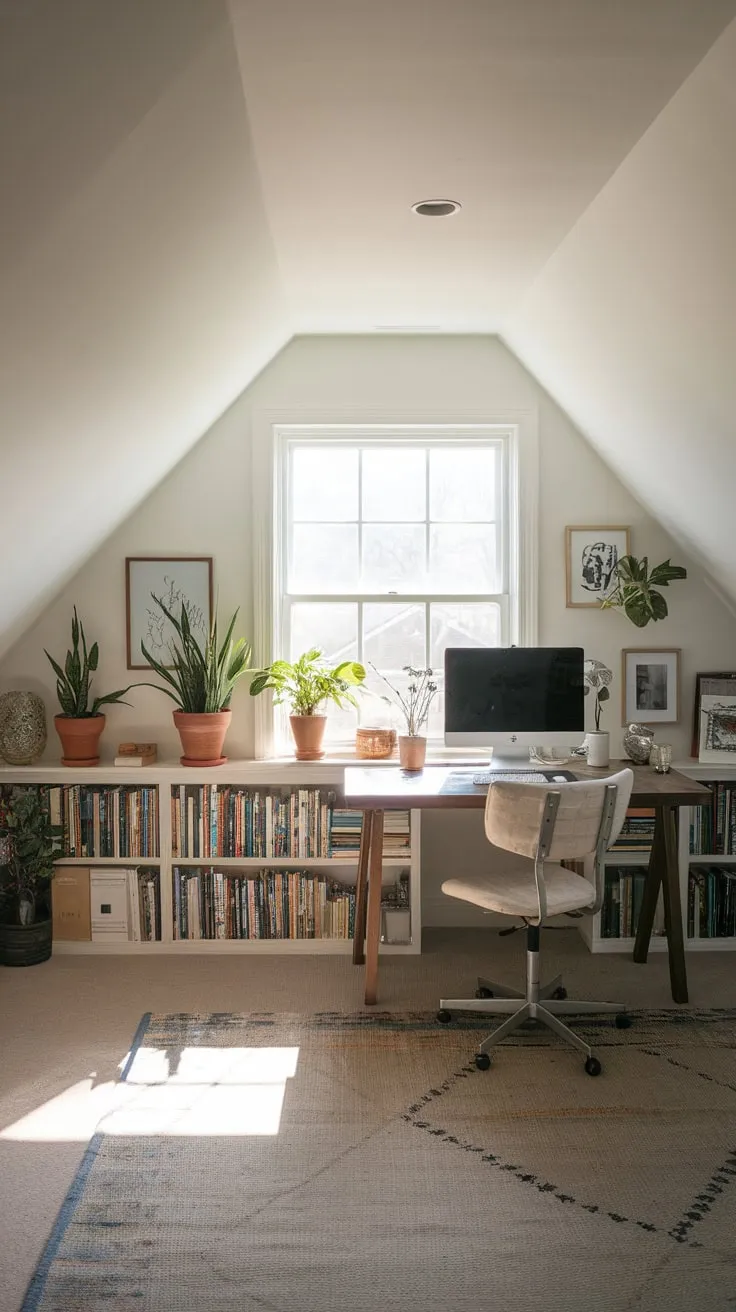 This attic office beautifully combines simplicity and functionality, creating an inviting workspace that inspires creativity and focus.