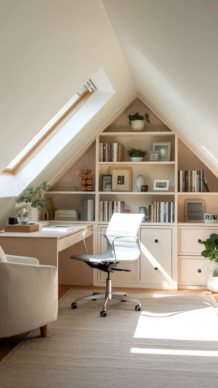 This beautifully arranged attic office invites creativity and focus, making it the perfect retreat for productivity and inspiration.