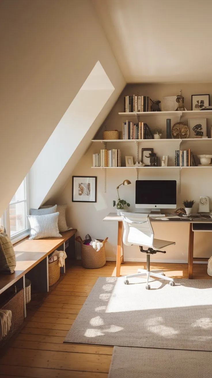 Sunlight streams through the dormer window of your attic office, illuminating the calming palette of soft grays and creams, a meticulously organized haven where focused thought blossoms into brilliant ideas.