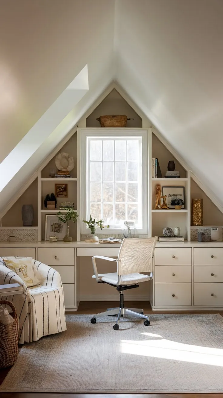 Step into your attic office, a sanctuary crafted for focus and flow, where the gentle slant of the roof and the quiet hum of the house below conspire to unlock your most brilliant work.