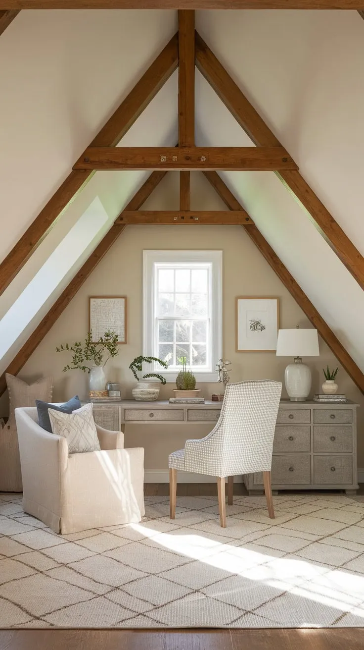 Step into your attic sanctuary, a beautifully crafted workspace where comfort and practicality dance in perfect harmony, transforming the space into a wellspring of inspiration and boundless productivity.