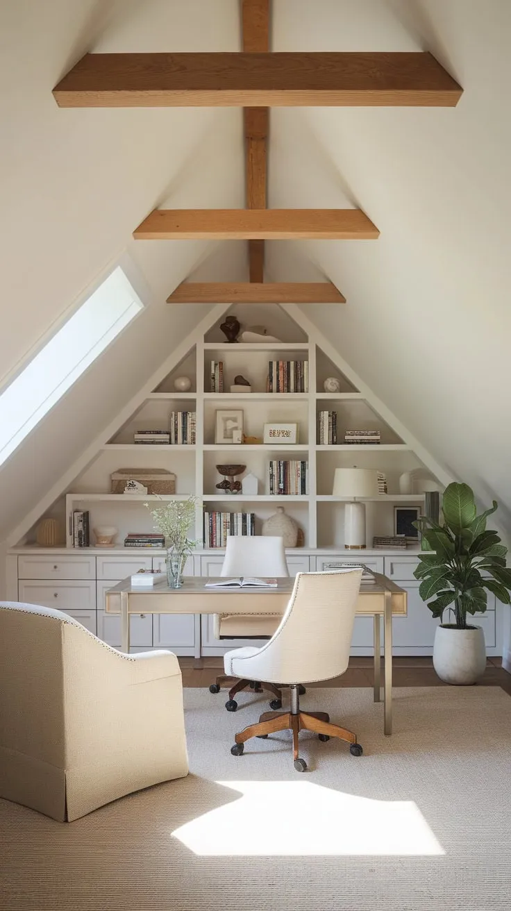 Sunlight streams through the dormer windows of your attic office, a haven where thoughtful design marries plush comfort, sparking a flow state where ideas bloom and your to-do list shrinks effortlessly.