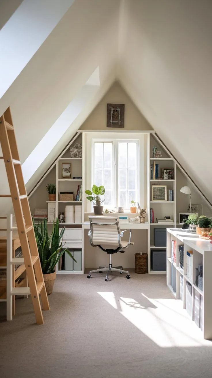 This beautifully organized attic office invites creativity and productivity, making it the perfect retreat for focused work and inspiration.