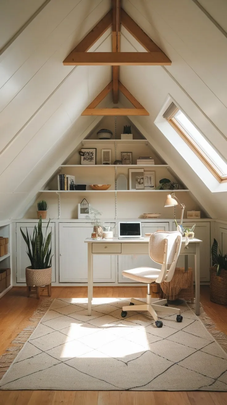 Imagine yourself tucked away in this attic office, the gentle slope of the ceiling and the exposed wooden beams creating a sense of rustic intimacy, a space where focused work feels less like a chore and more like a delightful escape.