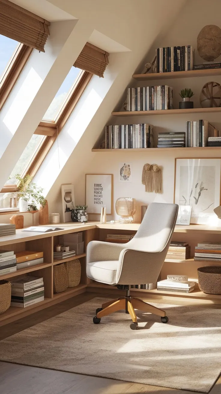 Sunlight streams through the dormer windows of your attic office, bathing the exposed beams and cozy nooks in a golden glow, instantly sparking inspiration and a desire to create.