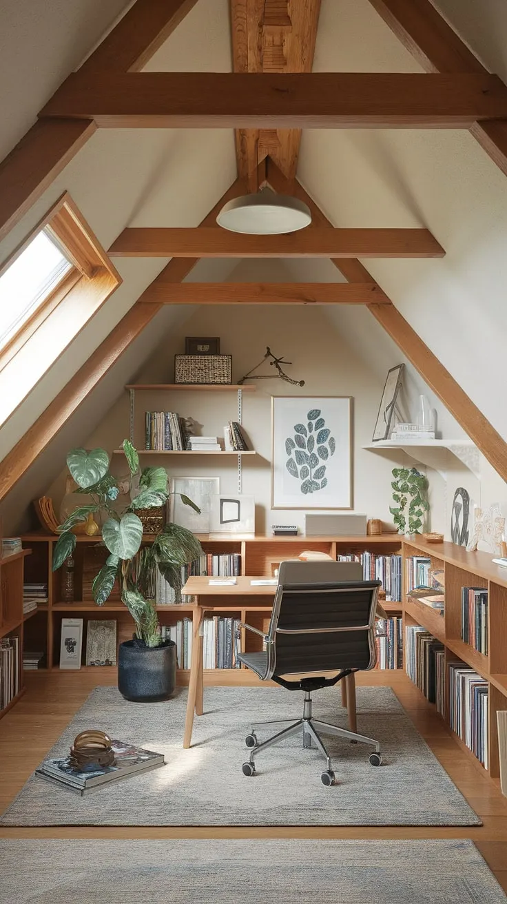 From forgotten attic space to inspiring attic office: this attic conversion showcases how to transform a neglected area into a productive and stylish home office.  The thoughtful attic design incorporates the existing architectural features, creating a truly unique and functional attic room.