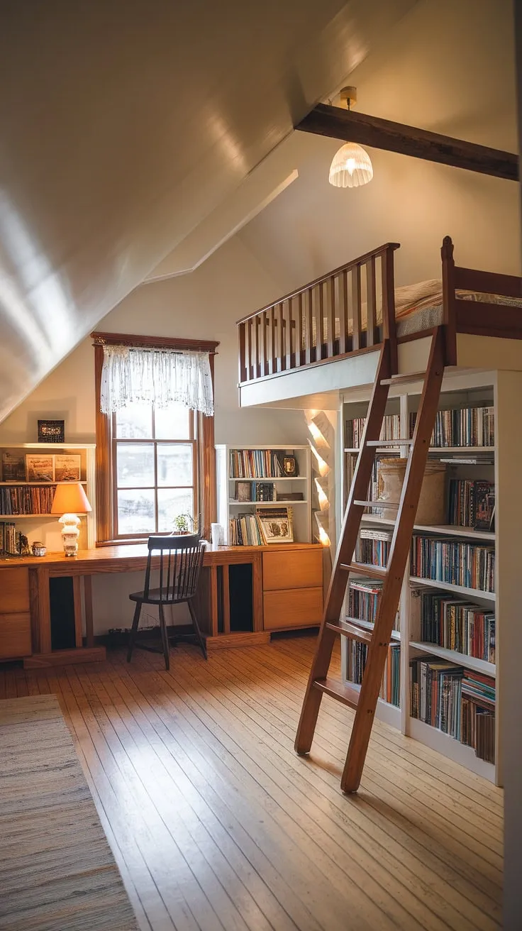 Sunlight streams into this charming attic room, illuminating the thoughtfully designed attic office.  The attic design showcases the beauty of the exposed beams while creating a comfortable and inspiring workspace.  This attic space is a testament to the potential of attic conversion.