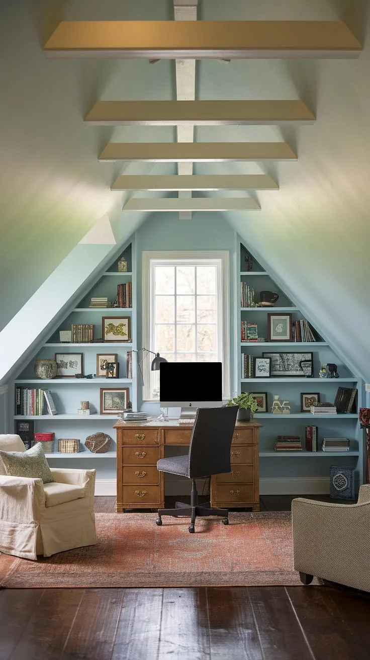 Escape to your own private haven with this dreamy attic office.  The thoughtful attic design perfectly utilizes the attic space, resulting in a charming attic room brimming with character.  Natural light floods in through the gable window, illuminating the bookshelves and creating the perfect atmosphere for focused work in this stunning attic conversion.