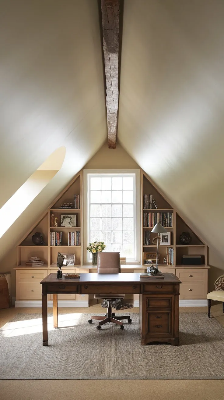 This attic conversion is the perfect blend of cozy and functional.  The natural light streaming into this attic office, combined with the exposed wooden beam and thoughtful attic design, creates a truly inspiring attic space.  Working from home has never felt so good.