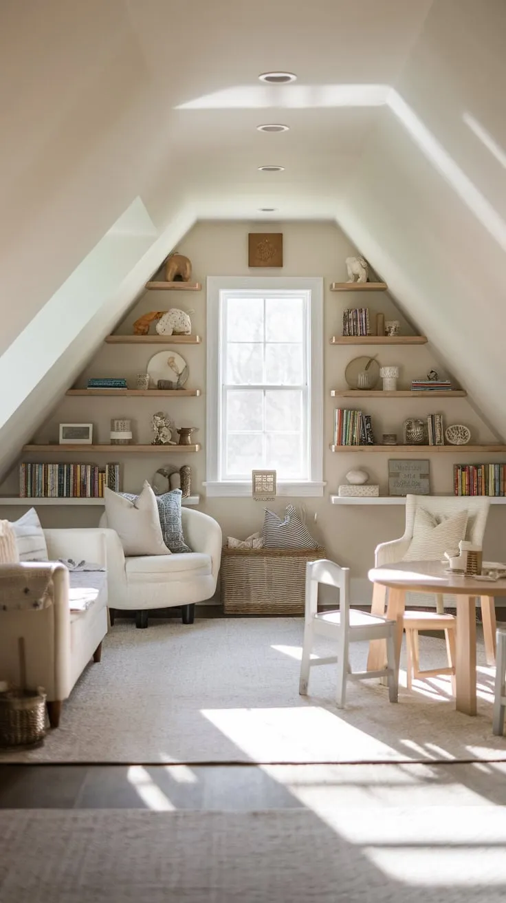 The attic playroom welcomes you, a haven where cozy charm and boundless imagination intertwine, inviting you to lose yourself in the stories held within its thoughtfully arranged bookshelves and the comforting embrace of its whimsical decor.