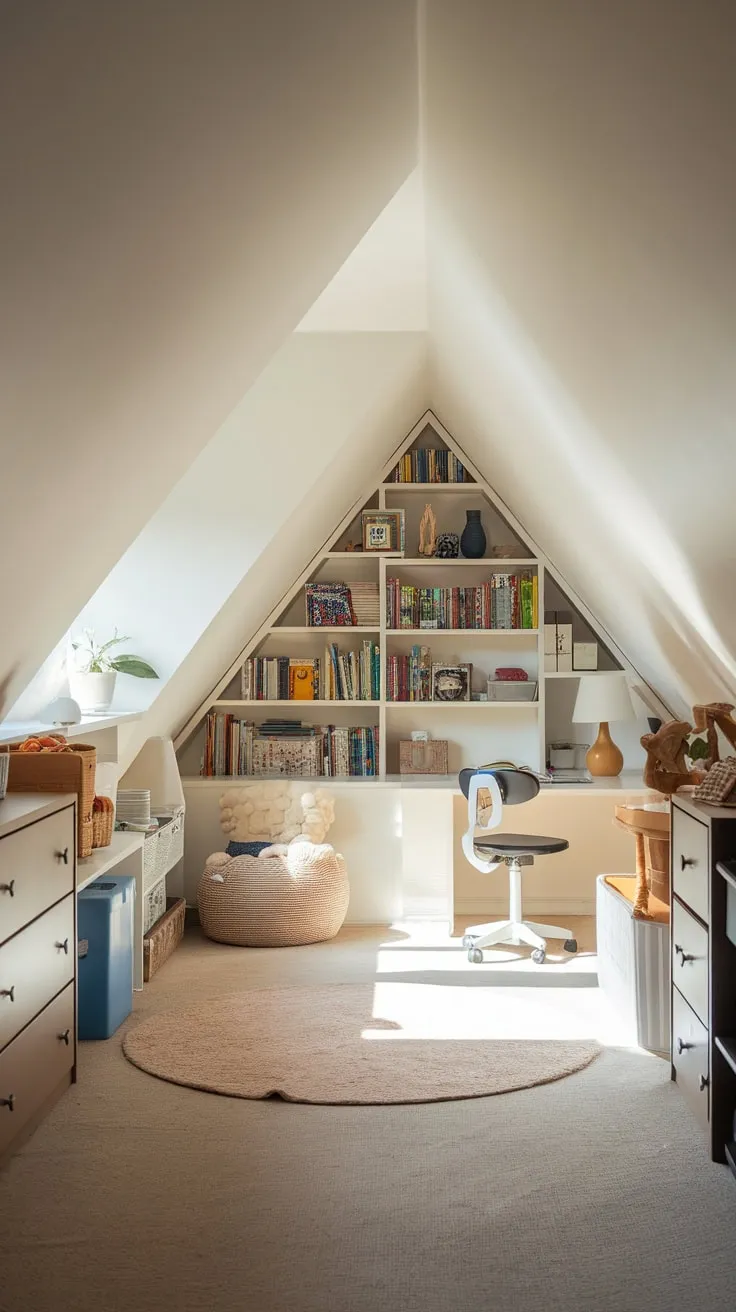 This beautifully designed attic playroom invites creativity and comfort, with its inviting reading nook and organized spaces that inspire endless adventures in imagination.