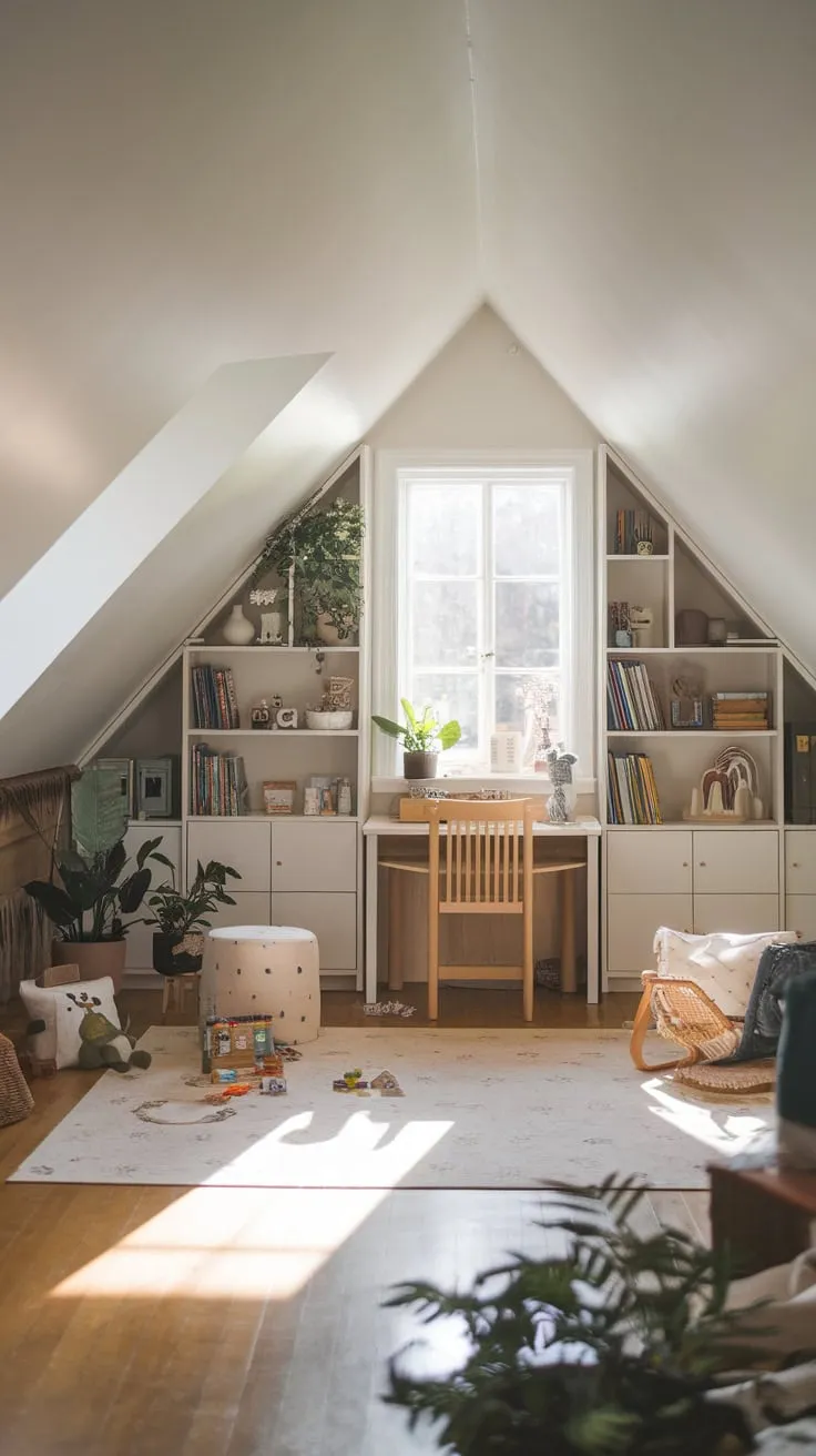 Sunlight spills across the warm wooden floorboards of the attic playroom, beckoning you into a haven where comfort and creativity dance together, a space where your imagination can take root and blossom amidst the thoughtfully curated charm.
