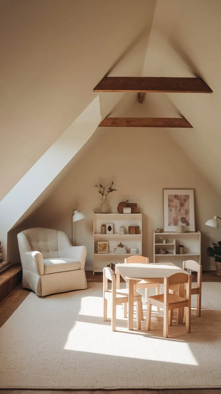 Step into the attic playroom, where comfort and creativity dance together, beckoning your imagination to bloom amidst the soft, neutral hues and delightful furnishings.