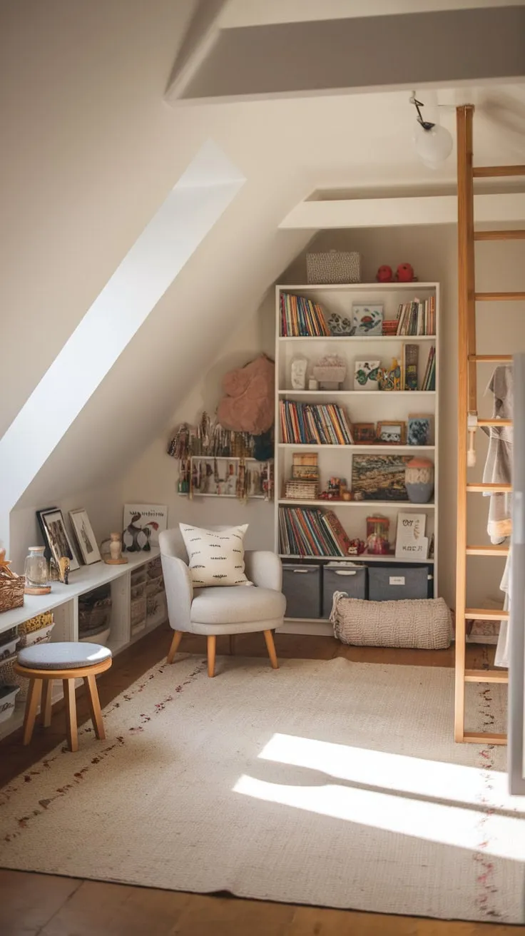 Step into this attic playroom, where a cozy atmosphere meets meticulous organization. The space invites you to lose yourself in the carefully arranged books and toys, a curated collection designed to fuel your creativity and bring your wildest dreams to life.