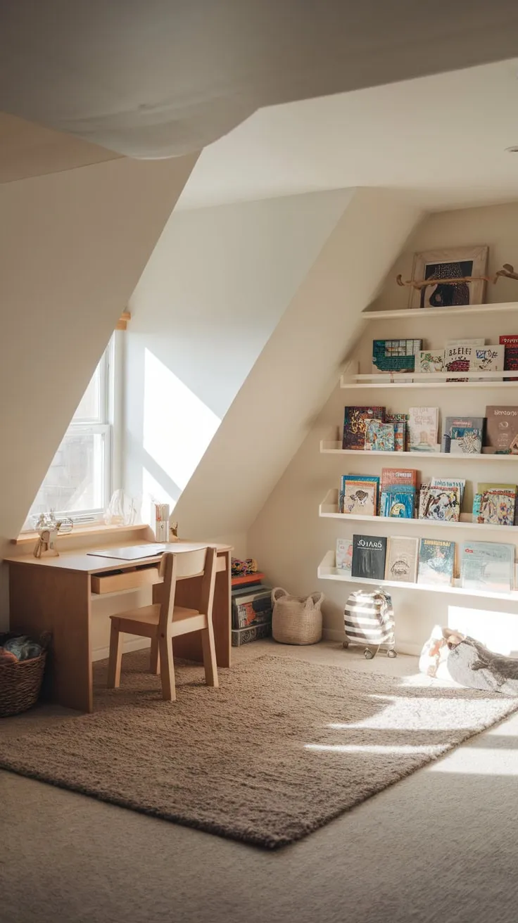 Step into the attic playroom, where comfort and creativity dance together, beckoning your imagination to bloom amidst the soft embrace of warm, neutral hues and invitingly cozy furnishings.