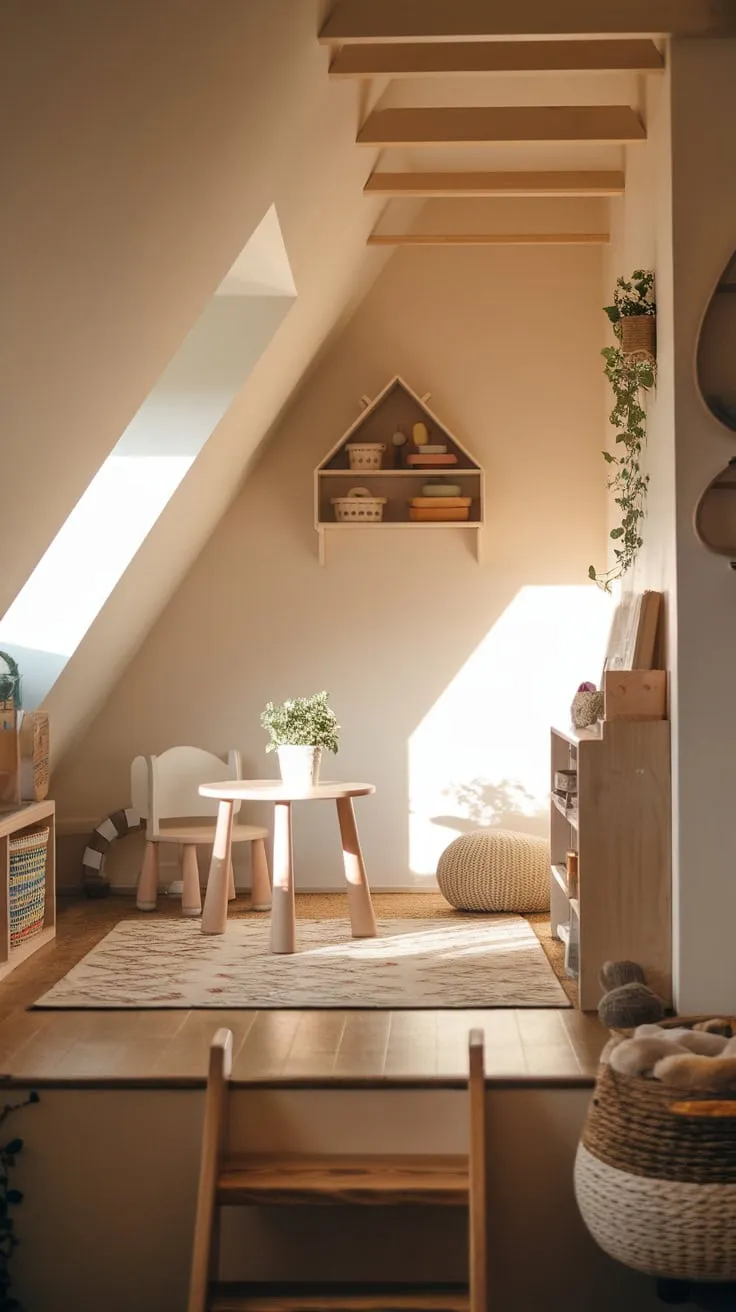 Sunlight streams through the attic window, painting the exposed beams in a honeyed glow. Here, warmth and simplicity dance together, beckoning you into a haven where imagination takes flight amidst whimsical decor and a joyful scattering of toys.
