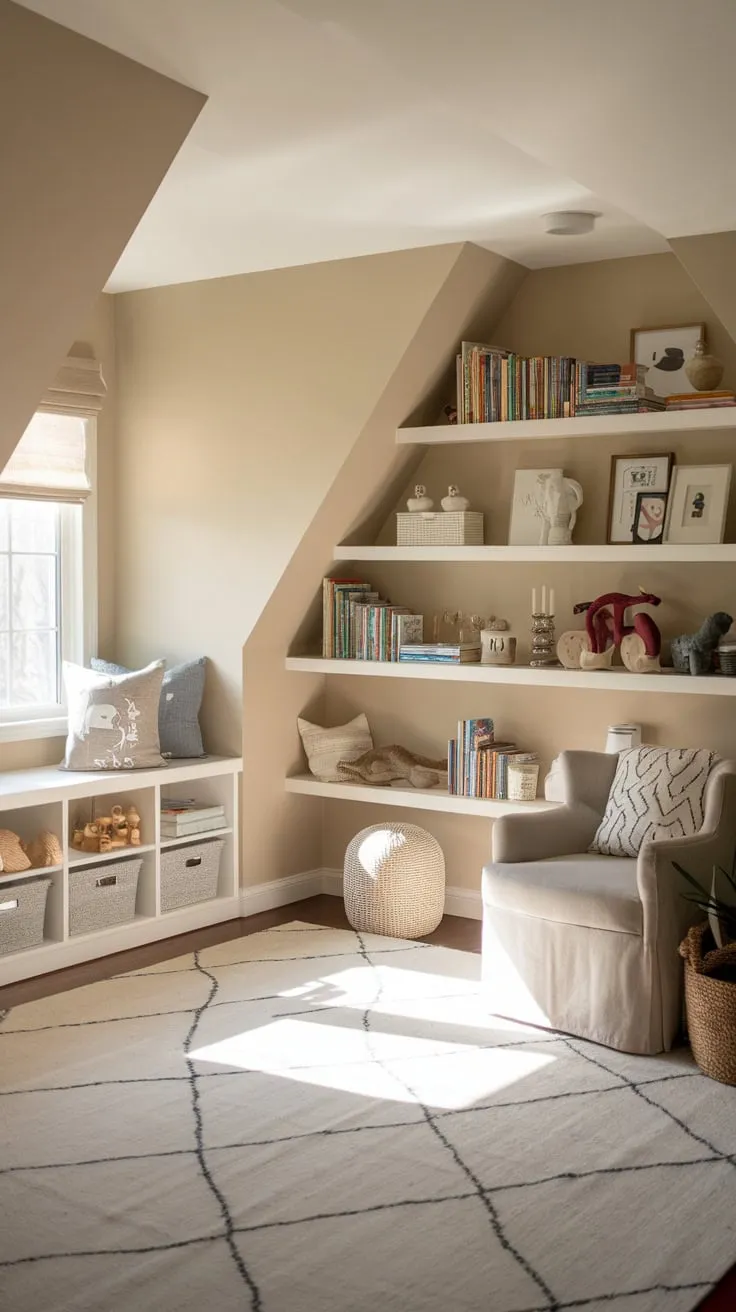 Sunlight streams through the dormer windows of your attic playroom, painting the soft beige walls with a golden glow, while meticulously organized shelves overflow with stories waiting to be told and toys poised for adventure, beckoning you to lose yourself in a world of boundless imagination.