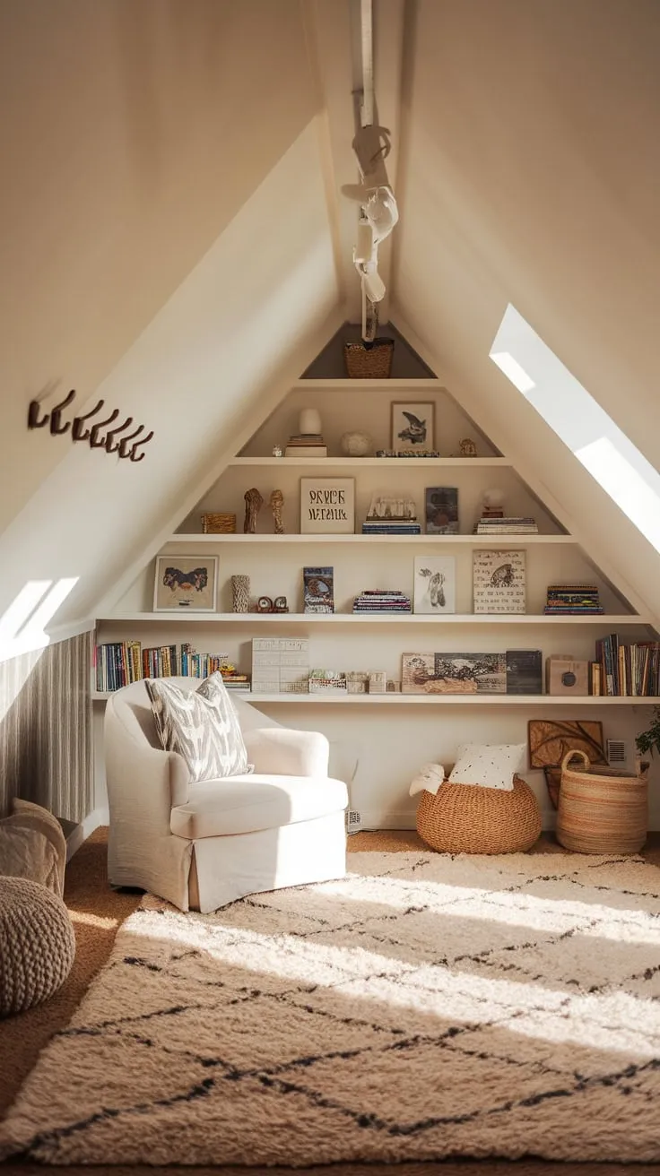 Step into this attic haven, where a cozy armchair practically begs you to unwind and the artfully organized shelves hum with the potential for a thousand thrilling quests, sparking your imagination to take flight.