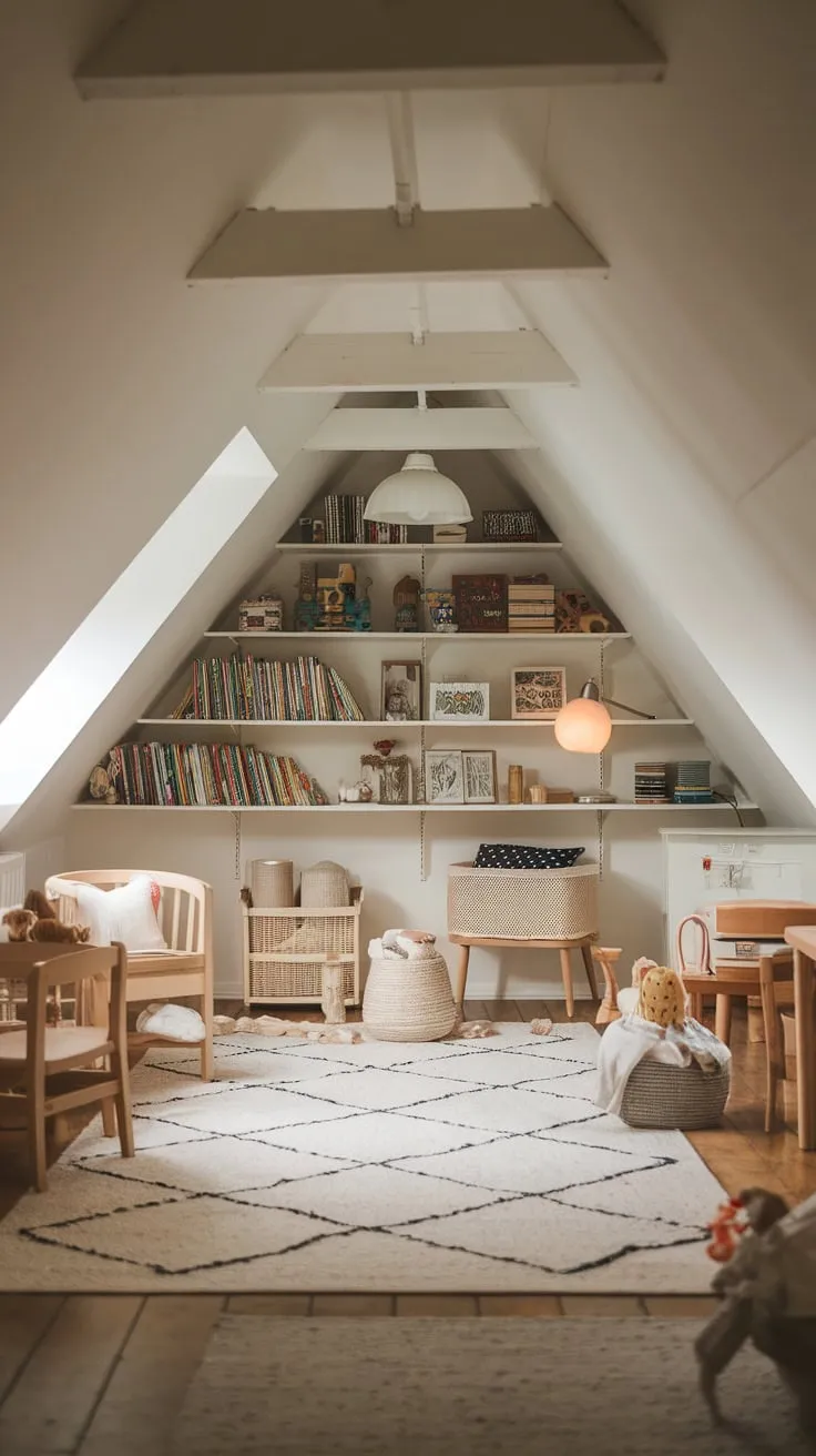 The attic playroom wraps you in a comforting embrace, its organized chaos sparking a thousand untold stories just waiting to burst from your fingertips and fill the cozy space with laughter and adventure.