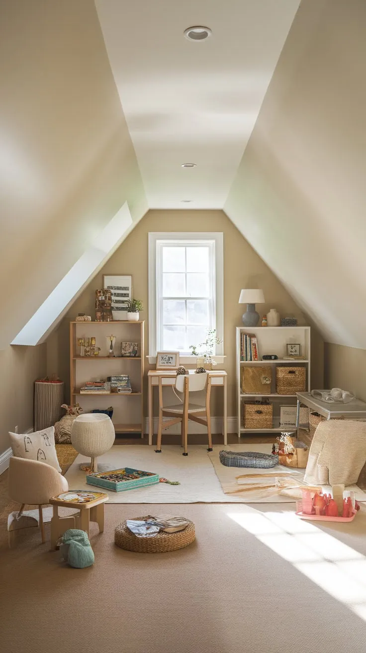 Step into the attic playroom, a haven where the clean lines of minimalist design meet the comforting embrace of warm textures, inviting you to unleash your imagination amidst the thoughtfully placed toys and cozy nooks.