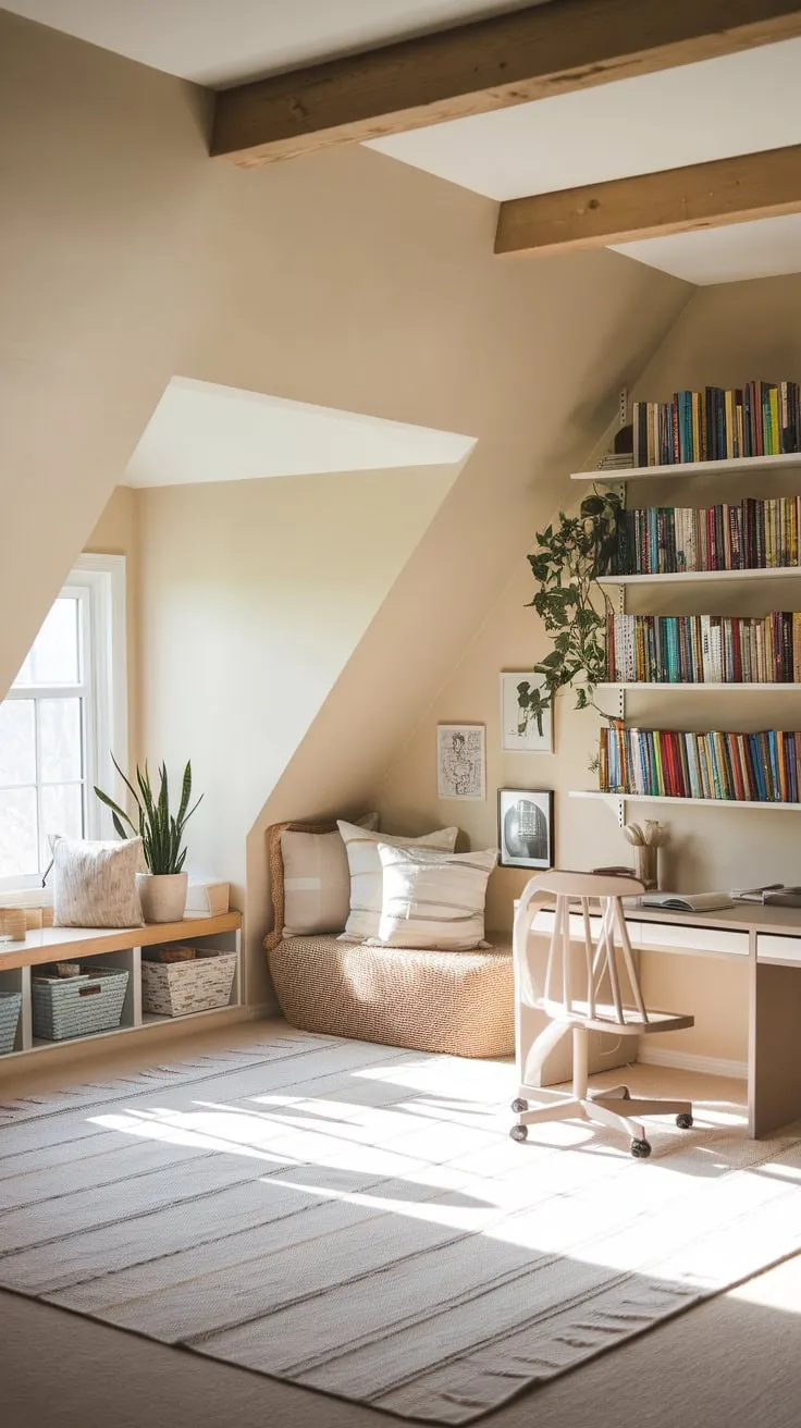 Step into the beautifully designed attic playroom, where the soft palette and artfully arranged nooks whisper promises of cozy reading sessions and boundless adventures, igniting your creativity and enveloping you in a sense of blissful ease.