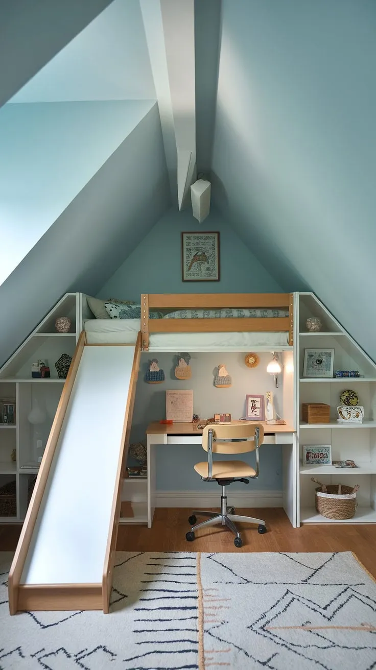 This small attic playroom, cleverly designed with a loft bed and slide, maximizes space in this charming kids attic room. The sloped ceiling playroom adds character, creating a whimsical attic bedroom and loft playroom all in one.