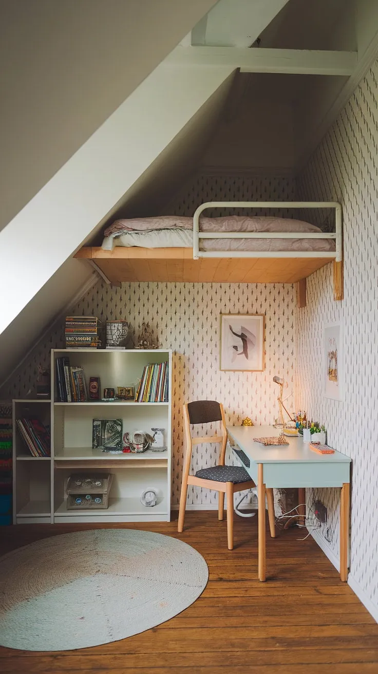 This attic room is more than just storage; it's a whimsical attic playroom!  A cleverly designed loft bed maximizes space in this small attic playroom, while the sloped ceiling playroom adds a unique touch to this kids' attic room, making it the perfect haven for imaginative play.