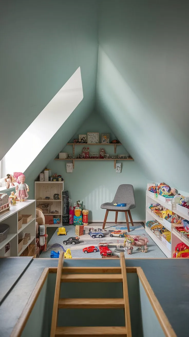 This small attic playroom, tucked away under the sloped ceiling, is a wonderland of childhood imagination.  A wooden ladder leads to this cozy kids attic room, filled with toys, a comfy chair, and shelves overflowing with treasures.  The perfect loft playroom for creative adventures.