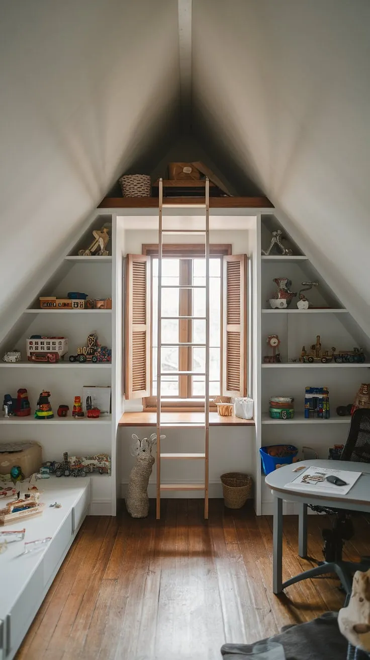 This small attic playroom, with its sloped ceiling and charming loft area, is a whimsical haven for imaginative play.  The kids' attic room is brimming with toys, a perfect blend of attic bedroom and loft playroom functionality.