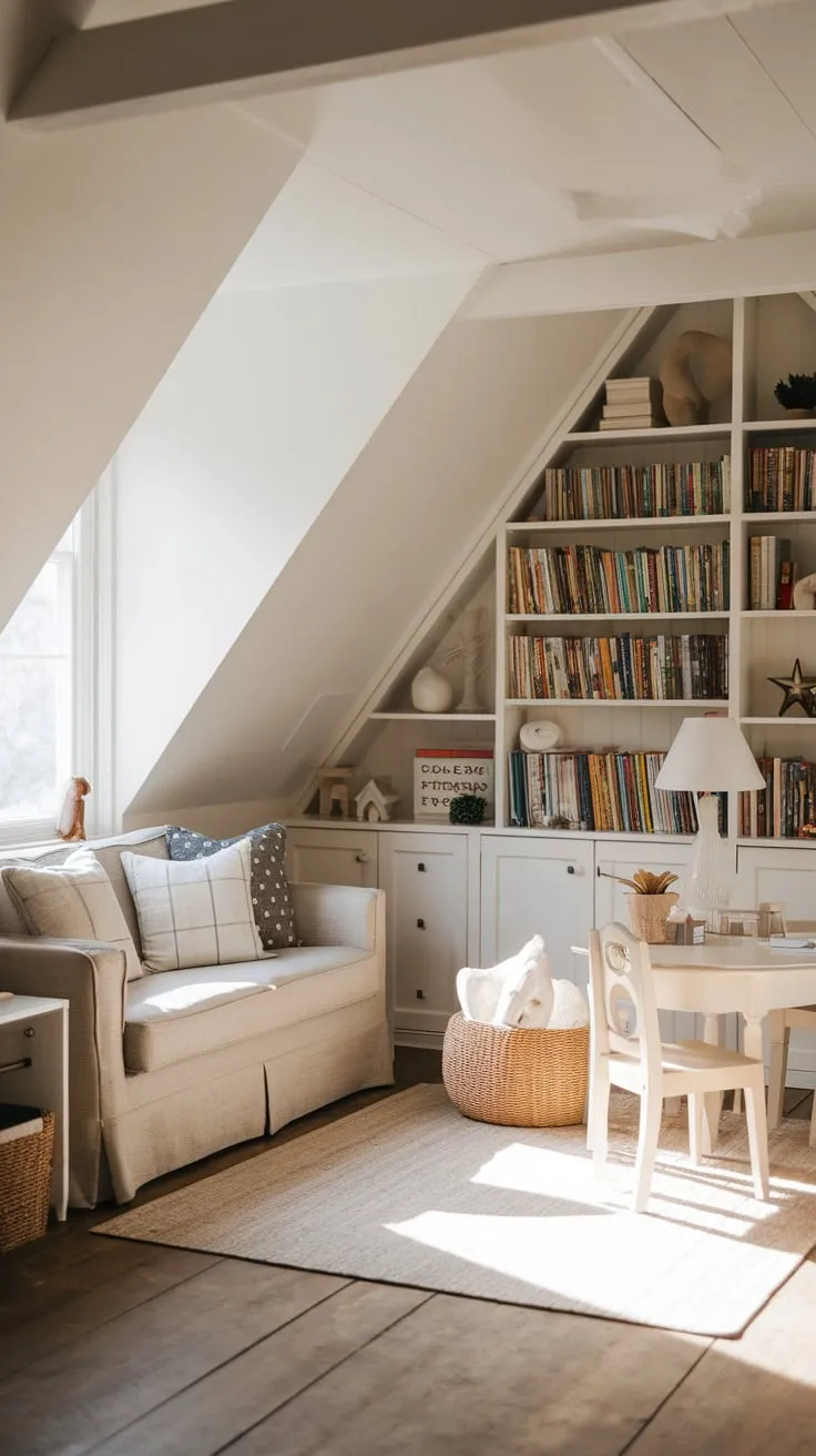 Sunlight spills into the attic playroom, a haven where comfort and creativity dance together, beckoning your imagination to bloom amidst the warm, neutral palette and plush furnishings.