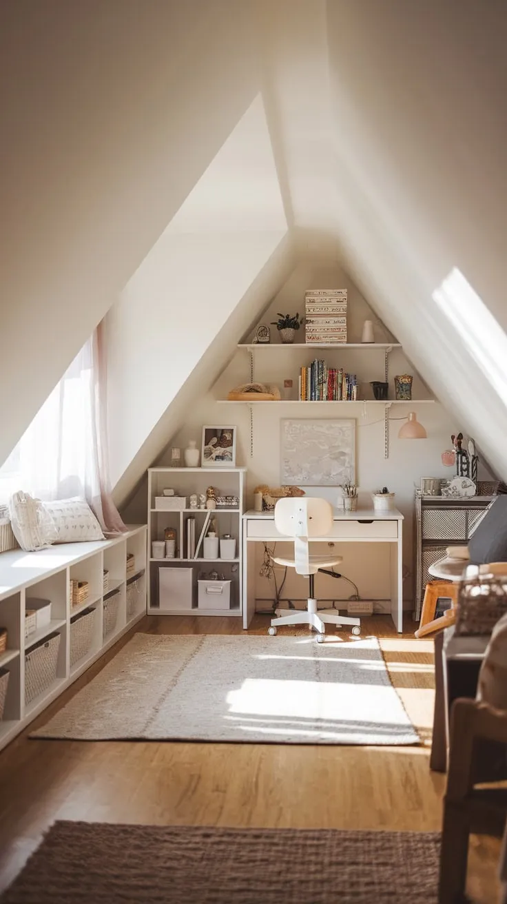 Sunlight streams through the dormer windows of the attic playroom, illuminating a space so meticulously arranged it practically begs you to unleash your inner artist and scholar, a haven where imagination takes flight and learning feels like an adventure.