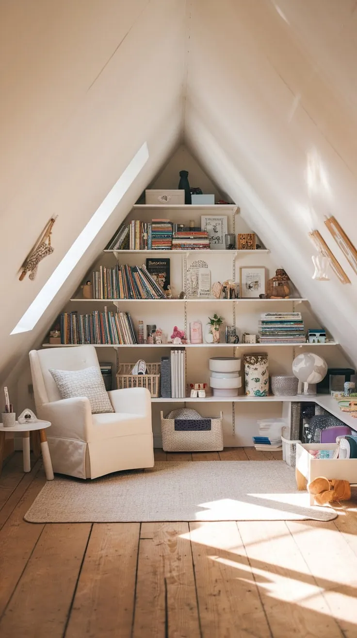 This beautifully organized attic playroom invites creativity and comfort, making it the perfect retreat for imaginative adventures and cozy reading sessions.
