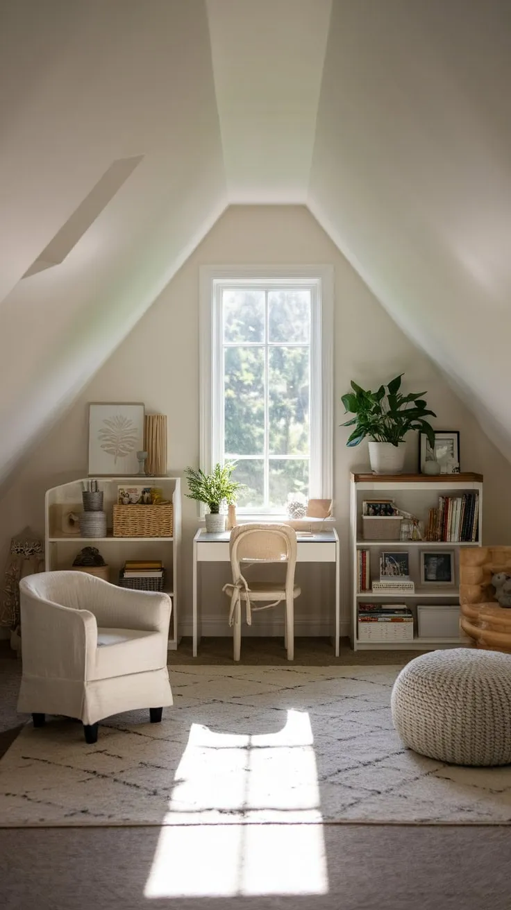 The attic playroom welcomes you with open arms, a sanctuary where comfort sparks creativity, and your imagination takes flight amidst the calming embrace of neutral tones and ingenious design.